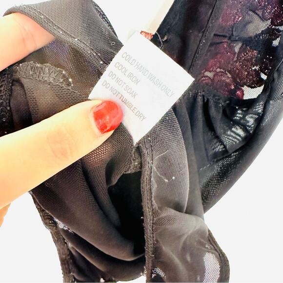 LF SEEK LABEL Black Mesh Pink Red Floral Embroidery Sheer Bodysuit Tank Top S - Picture 7 of 7